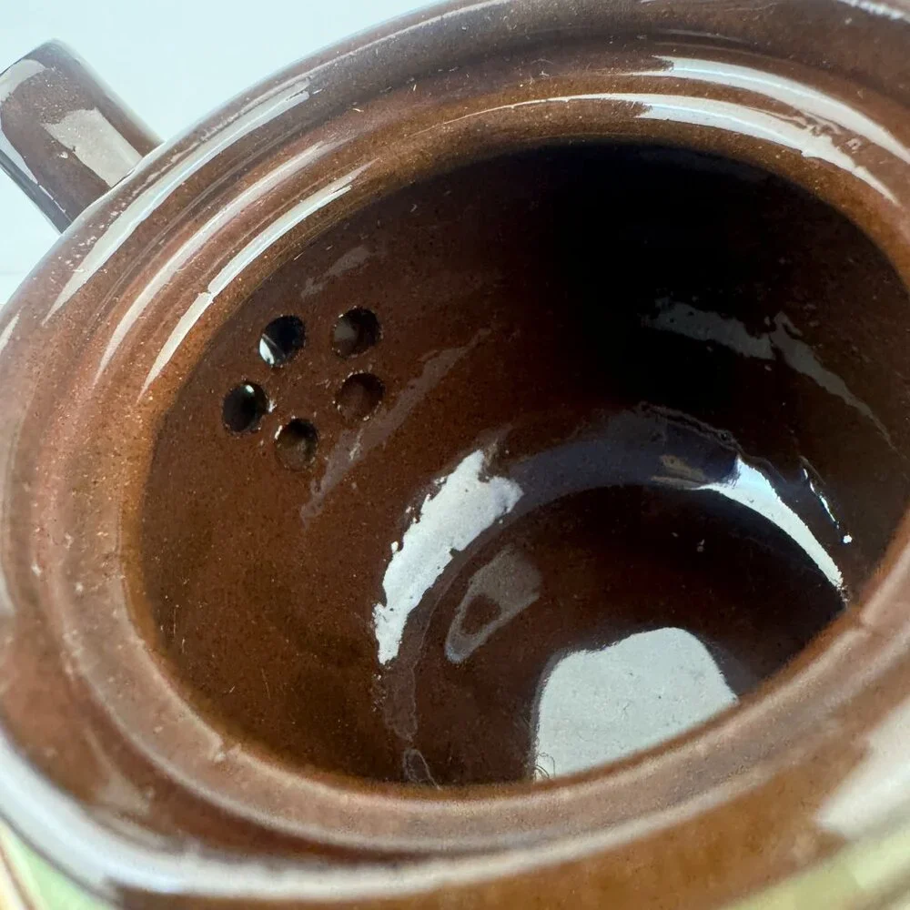 Vtg Single Serve Brown Genuine Old English Redware Teapot‎ w Green Tan Stripes